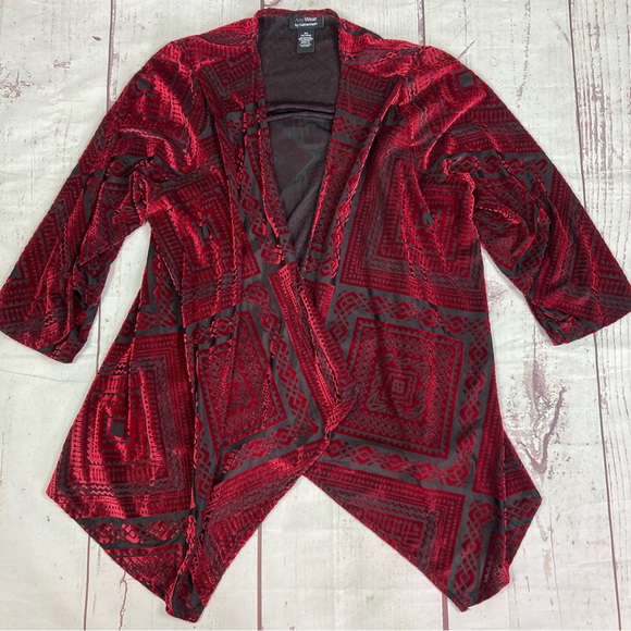 Any Wear by Catherines Size 14 16 Open Front 3/4 Sleeve Cardigan Velvet Printed - Picture 8 of 9